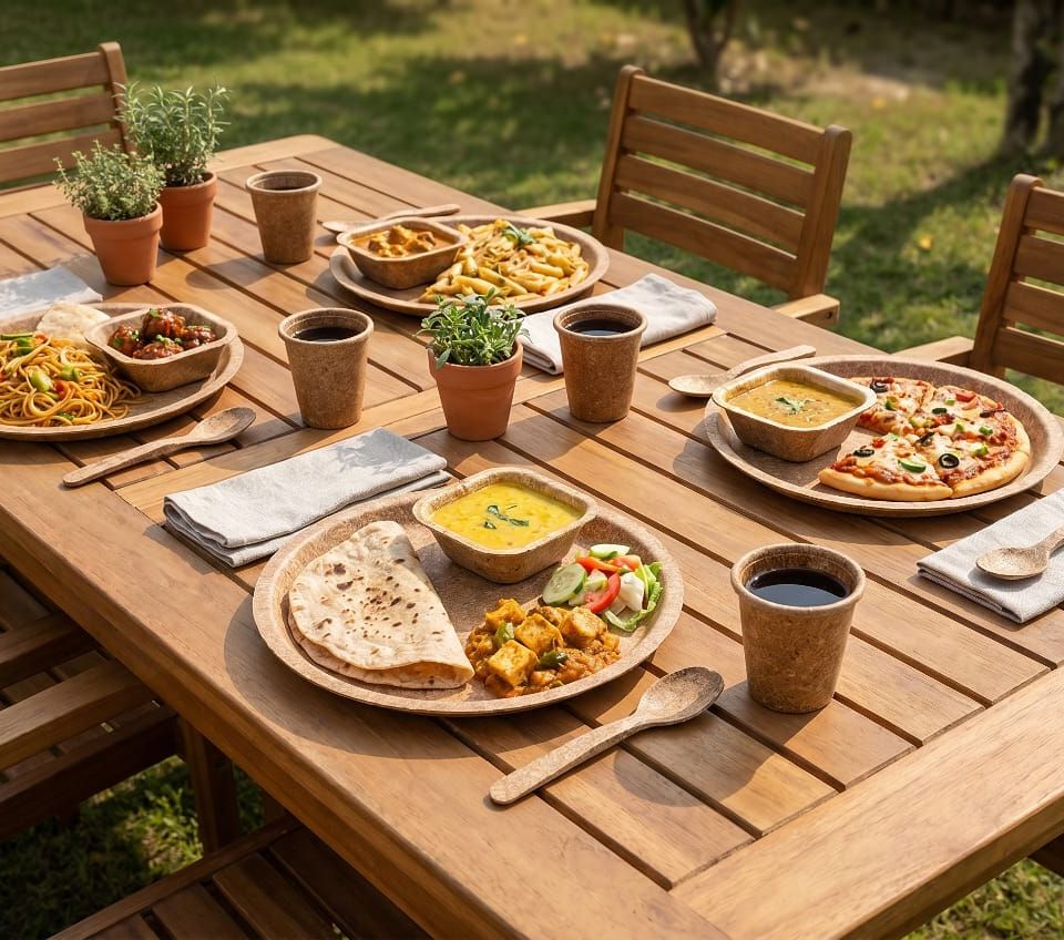 Aura Farmers tableware on a sunlit garden table — plate, bowl and spoon in natural light