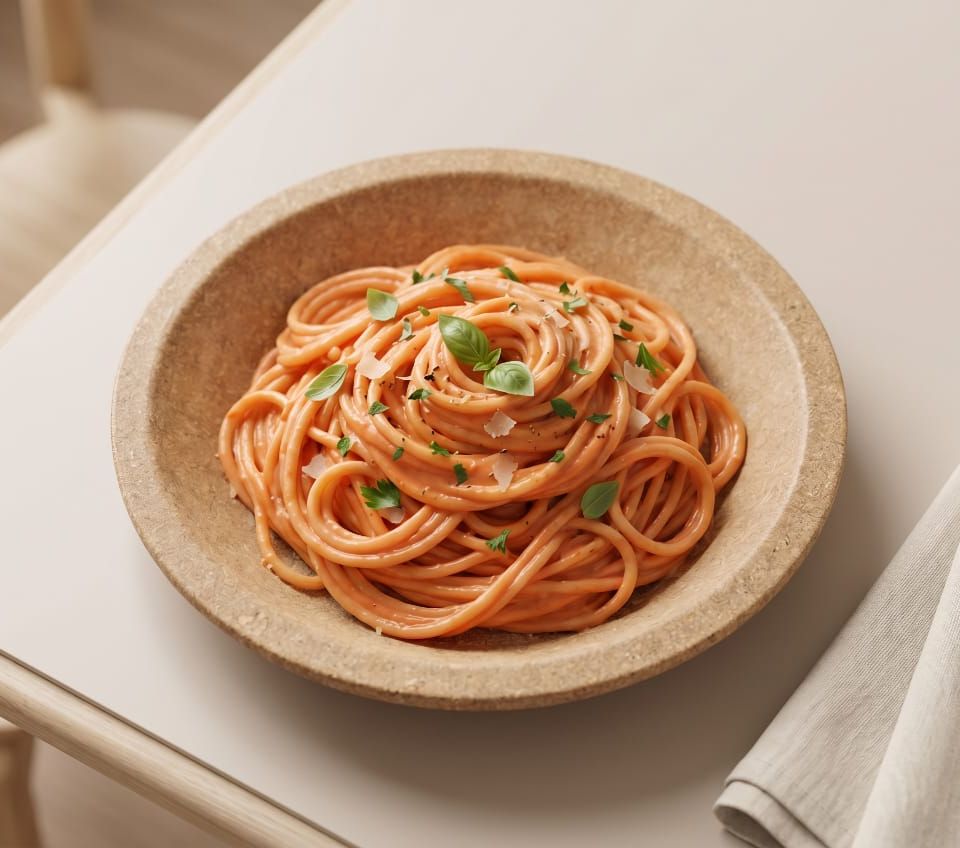 Minimalist pasta plating on an Aura Farmers plate — modern cuisine, natural plate