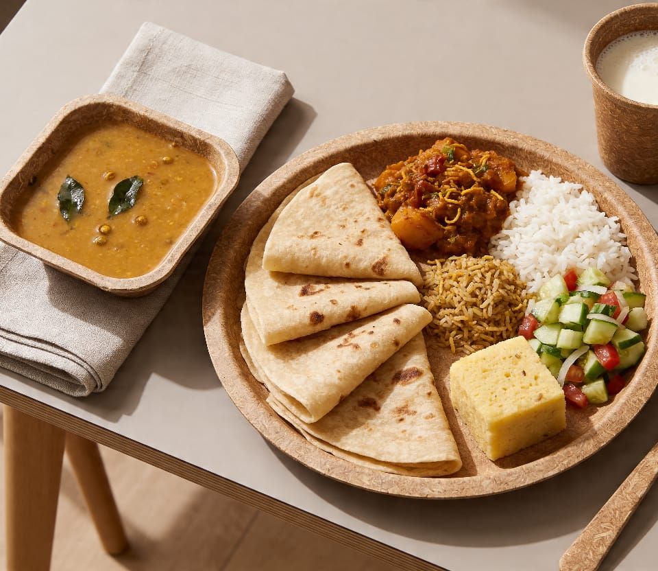 Overhead view of a traditional Indian thali plated on an Aura Farmers rice-husk plate